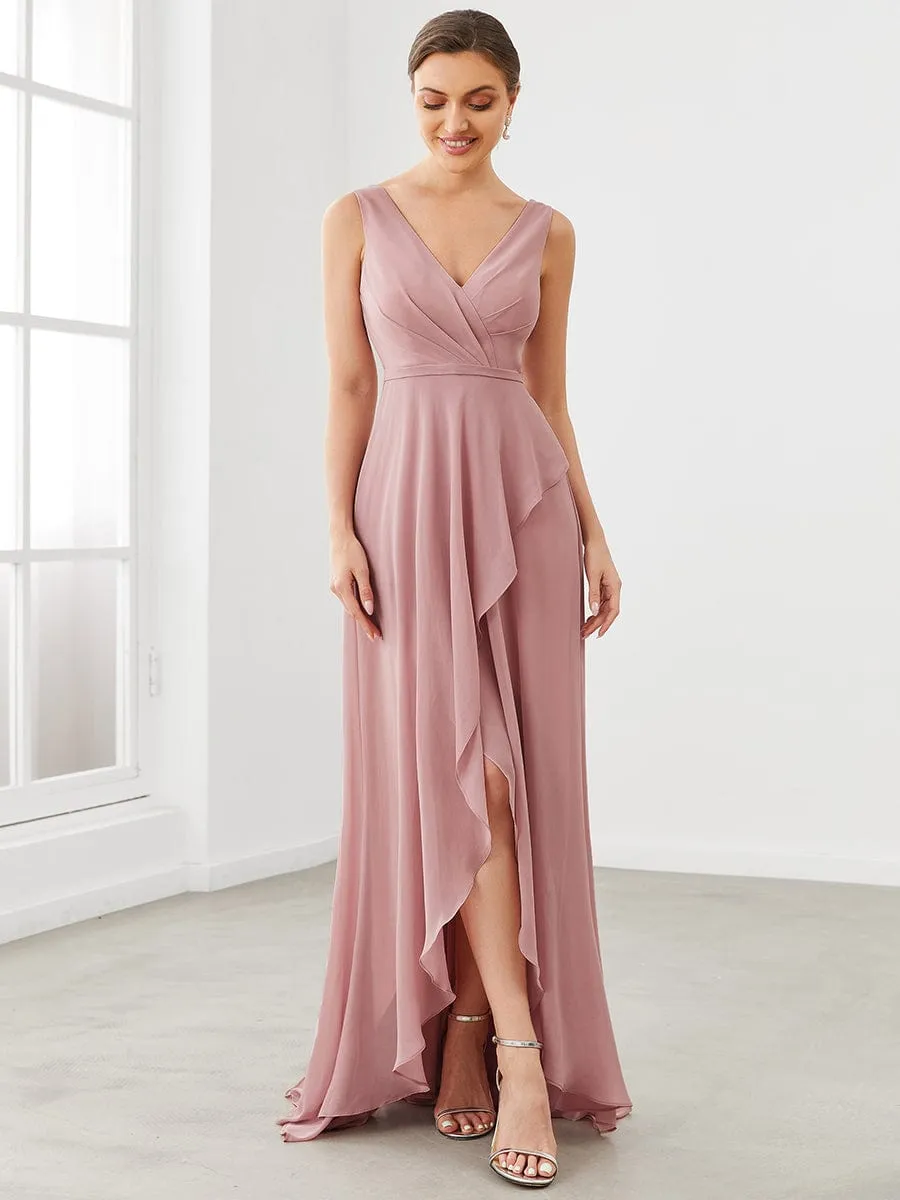 Chiffon Ruffled Hem Front Slit V-Neck Sleeveless Bridesmaid Dress sold by Ever Pretty