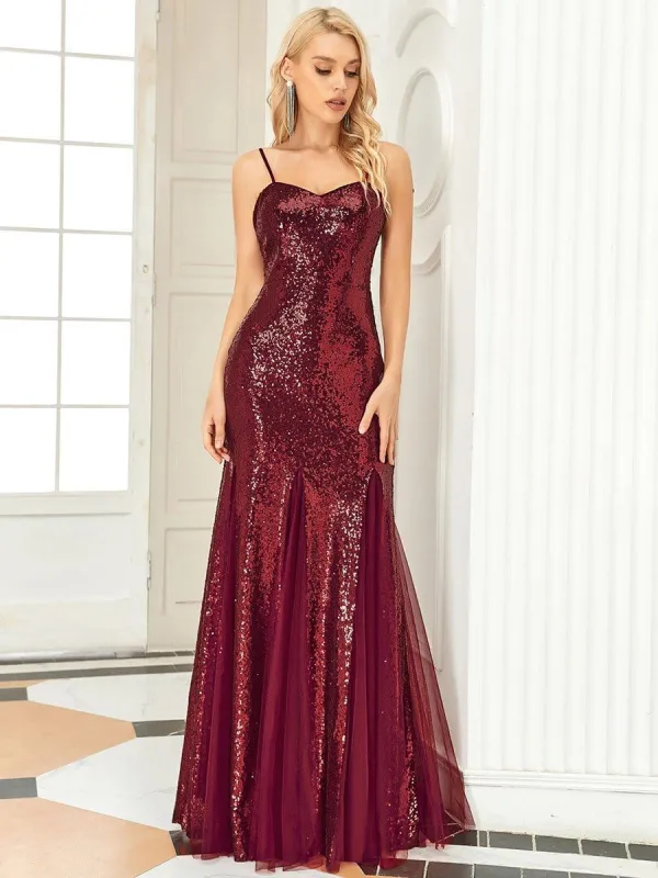 Sequin & Sheer Spaghetti Strap Fishtail Evening Dress sold by Ever Pretty