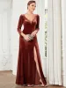 Velvet 3/4 Length Sleeve Illusion V-Neck Front Slit Evening Dress sold by Ever Pretty