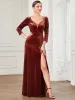 Velvet 3/4 Length Sleeve Illusion V-Neck Front Slit Evening Dress sold by Ever Pretty