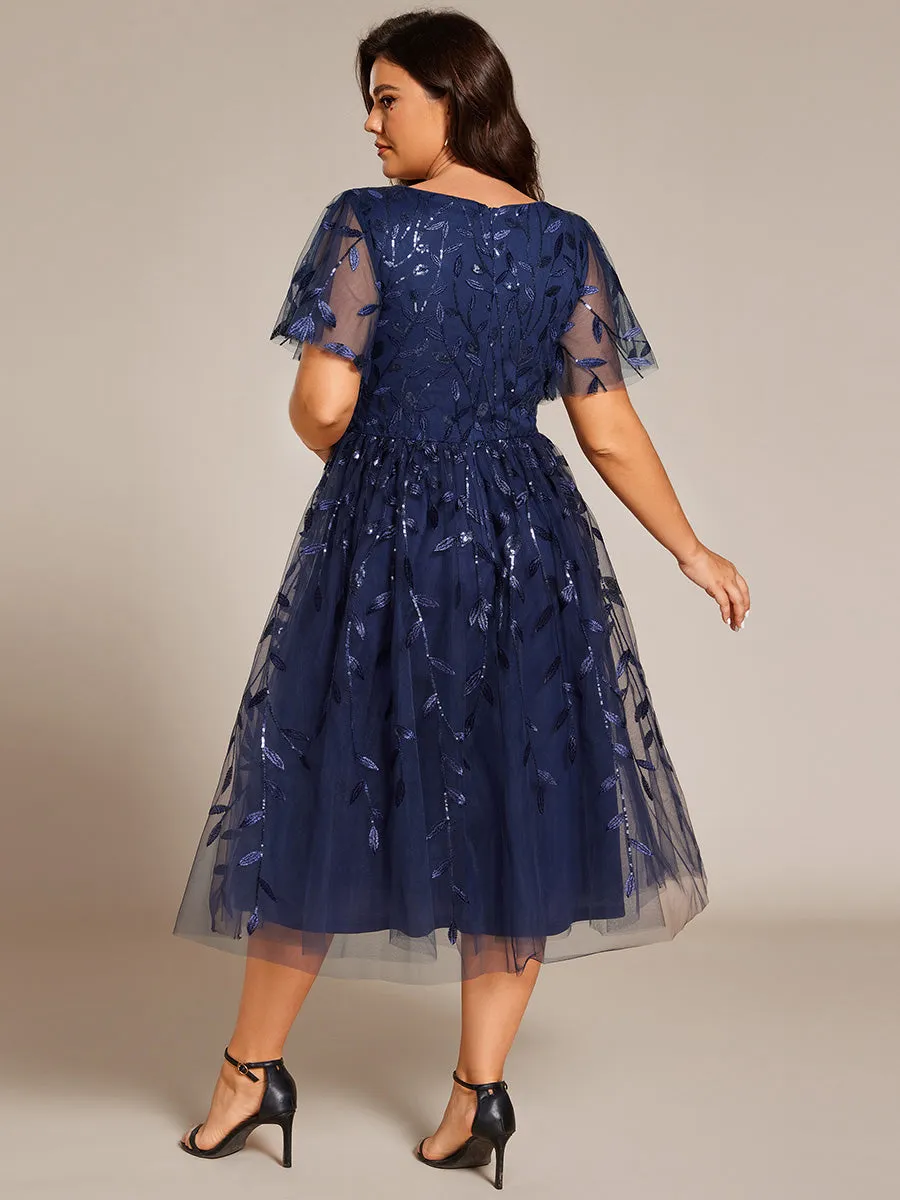 pretty SIMONE|Plus Size Sparkly A-Line Midi Tulle Formal Wedding Guest Dress with Leaf Sequin sold by Ever Pretty product image thumbnail 2