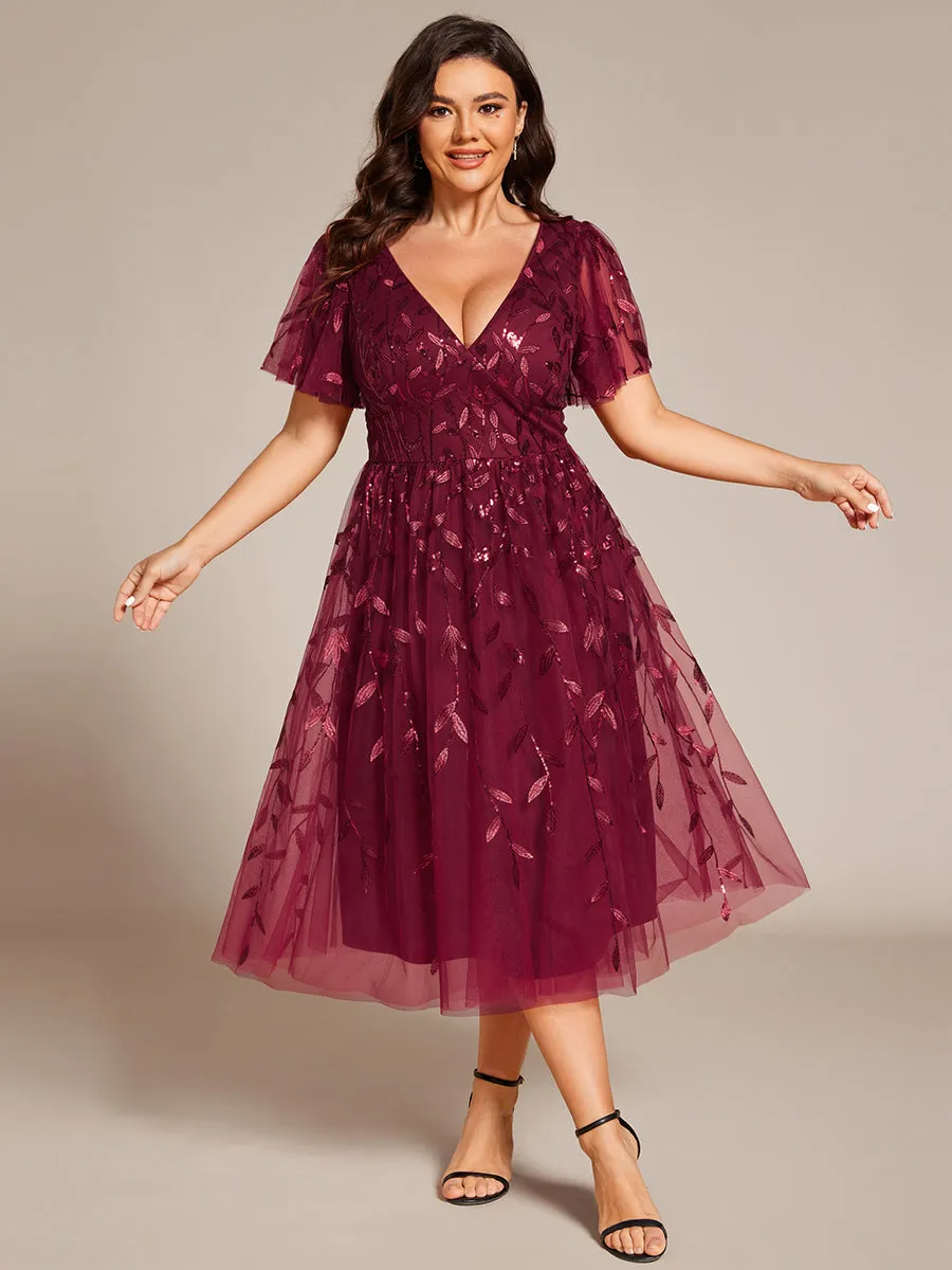 pretty SIMONE|Plus Size Sparkly A-Line Midi Tulle Formal Wedding Guest Dress with Leaf Sequin sold by Ever Pretty product image thumbnail 3