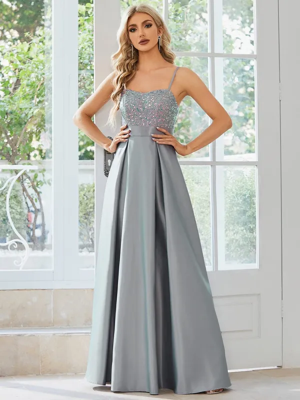 Spaghetti Strap Sequin Bodice A-Line Satin Prom Dress sold by Ever Pretty