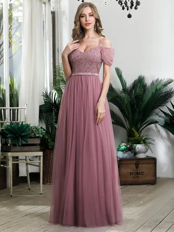 Cold Shoulder Sequin Bodice Long Tulle Bridesmaid Dress sold by Ever Pretty