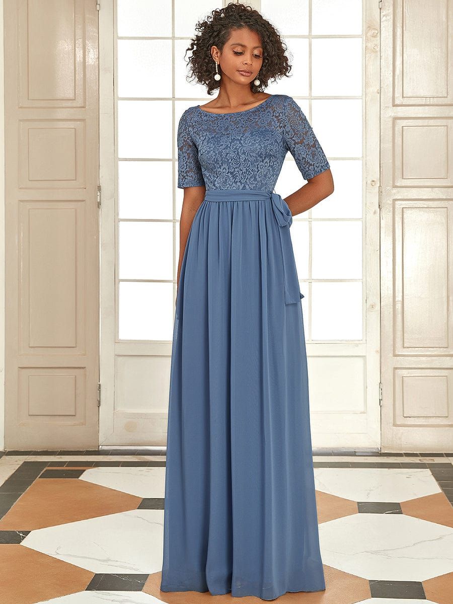 Elegant Lace Bodice Chiffon Evening Dress with Belt sold by Ever Pretty