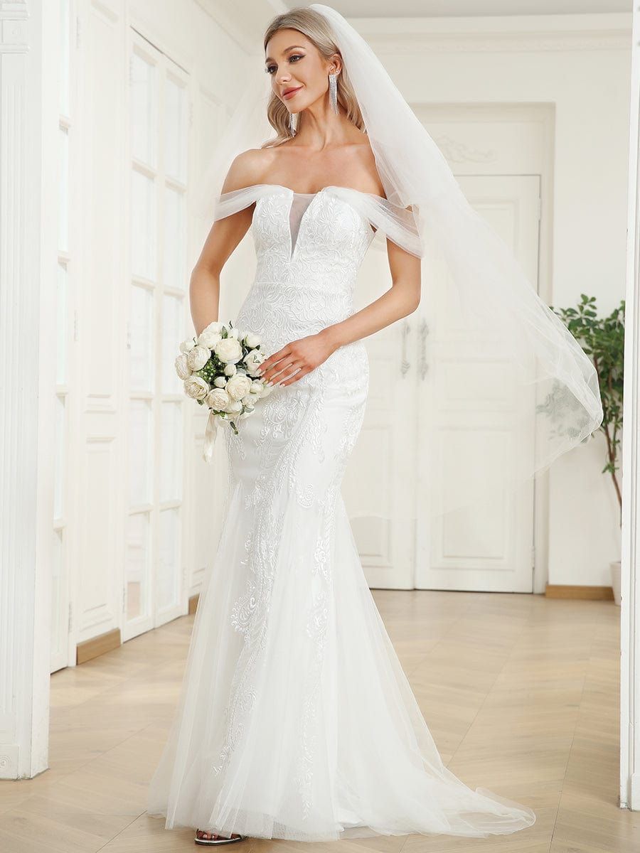 Draped Sleeve Deep V-Neck Lace Tulle Mermaid Wedding Dress sold by Ever Pretty