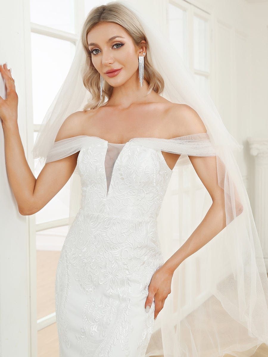 Draped Sleeve Deep V-Neck Lace Tulle Mermaid Wedding Dress sold by Ever Pretty product image thumbnail 3