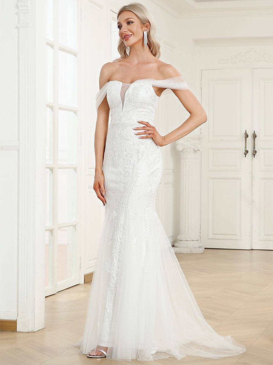 Draped Sleeve Deep V-Neck Lace Tulle Mermaid Wedding Dress sold by Ever Pretty product image thumbnail 5