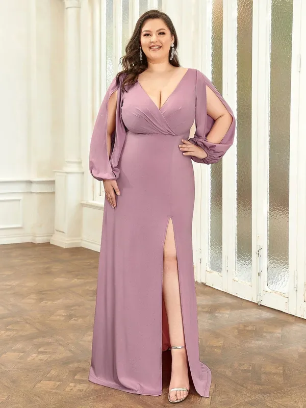Plus Size Lantern Sleeve V-Neck Floor-Length Mother of the Bride Dress sold by Ever Pretty
