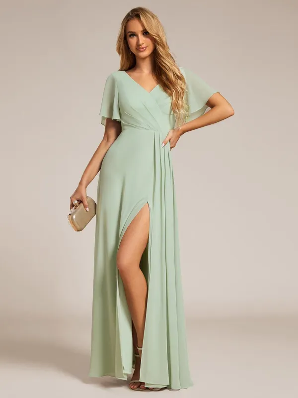 ever LINDEN|High Slit V-Neck Chiffon High Waist Bridesmaid Dress with Ruffle Sleeve sold by Ever Pretty