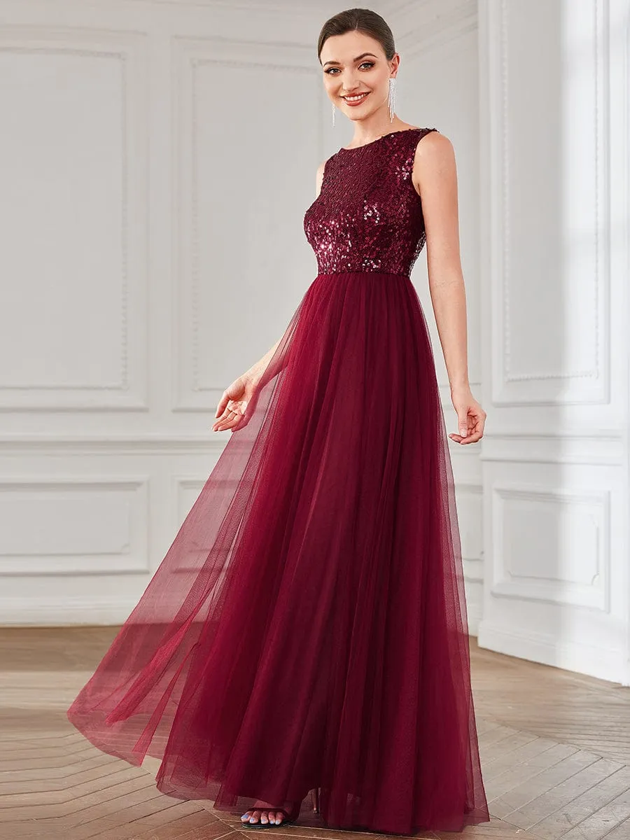 Sequin Sleeveless Lace-Up Tulle Evening Dress sold by Ever Pretty