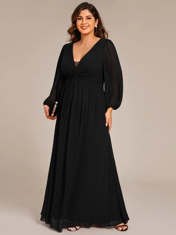 pretty TRU|Plus Size A-Line Pleated Long Lantern Sleeves Chiffon Formal Evening Dress sold by Ever Pretty