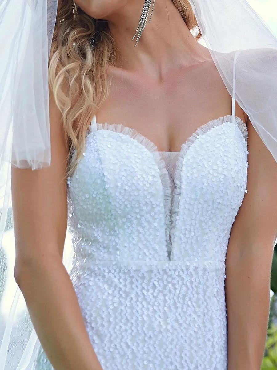 Stunning V-Neck Paillette Fishtail Hem White Wedding Dress sold by Ever Pretty product image thumbnail 3