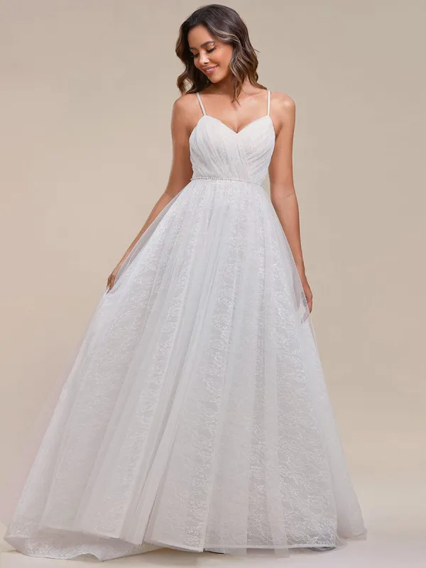 Spaghetti Strap Waist Pearl Sweetheart Collar Tulle Wedding Dress with Lace sold by Ever Pretty