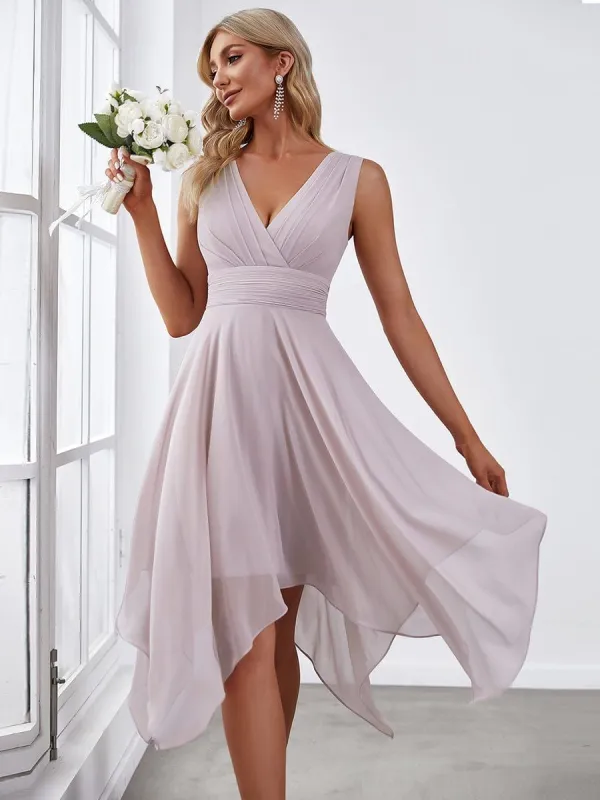 Stylish V Neck Ruched Asymmetrical Hems Midi Chiffon Bridesmaid Dress sold by Ever Pretty