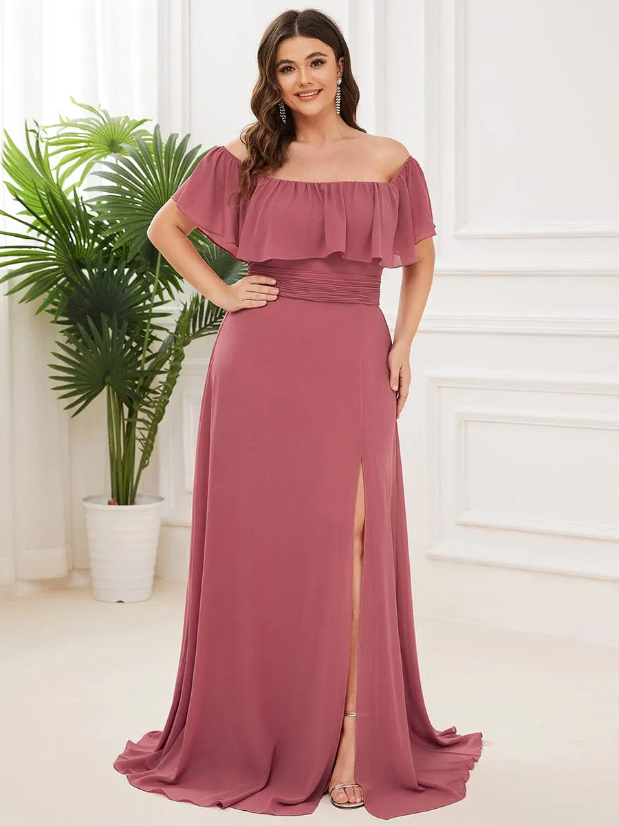 ever ÉMILE|Custom Size Chiffon Ruffle Off Shoulder Thigh Slit Bridesmaid Dresses sold by Ever Pretty