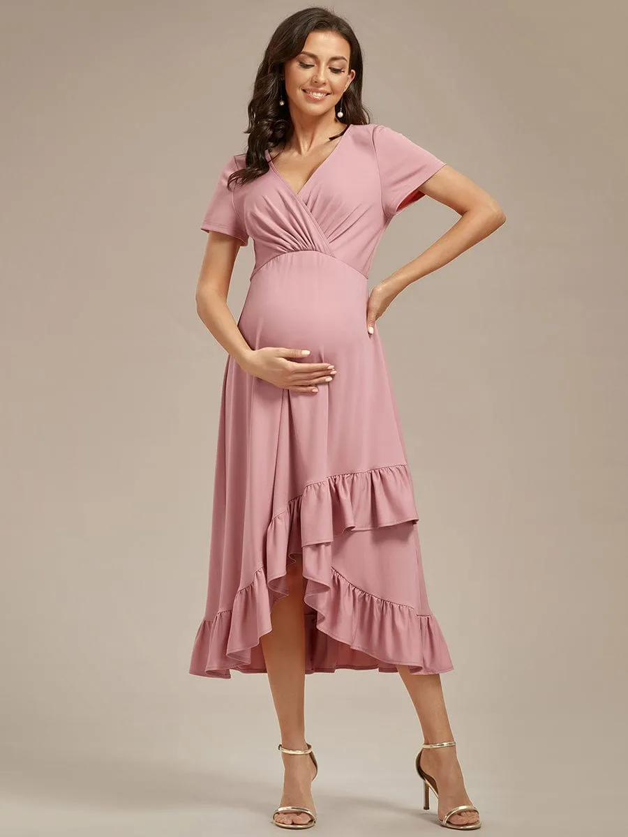 Ruffles High Low Hemline V-Neck High Stretch Maternity Dress sold by Ever Pretty