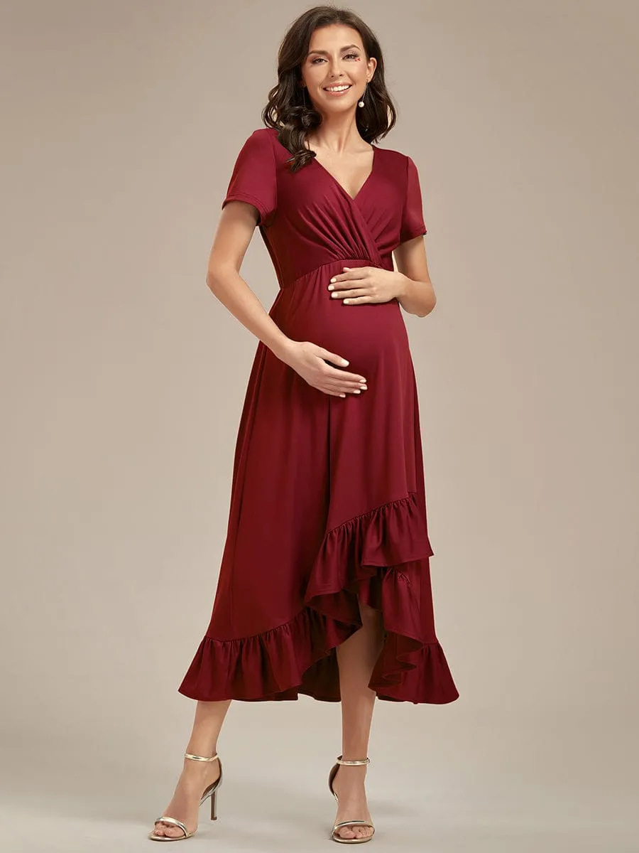 Ruffles High Low Hemline V-Neck High Stretch Maternity Dress sold by Ever Pretty product image thumbnail 3