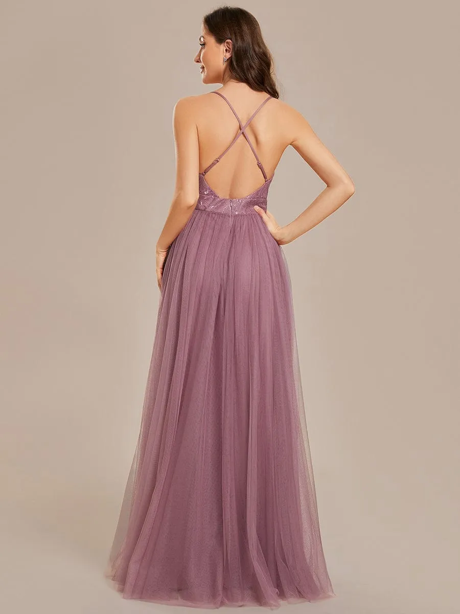 Spaghetti Straps Cross-Back Lace Top A-Line High Slit Tulle Bridesmaid Dress sold by Ever Pretty product image thumbnail 4