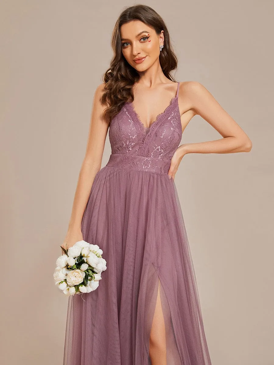 Spaghetti Straps Cross-Back Lace Top A-Line High Slit Tulle Bridesmaid Dress sold by Ever Pretty product image thumbnail 5