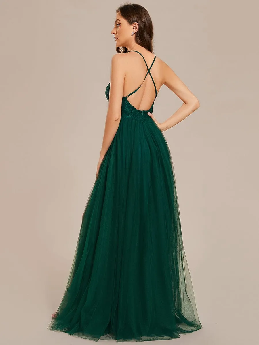 Spaghetti Straps Cross-Back Lace Top A-Line High Slit Tulle Bridesmaid Dress sold by Ever Pretty product image thumbnail 2