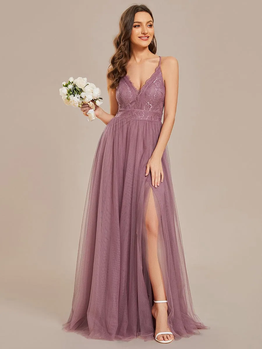 Spaghetti Straps Cross-Back Lace Top A-Line High Slit Tulle Bridesmaid Dress sold by Ever Pretty product image thumbnail 3