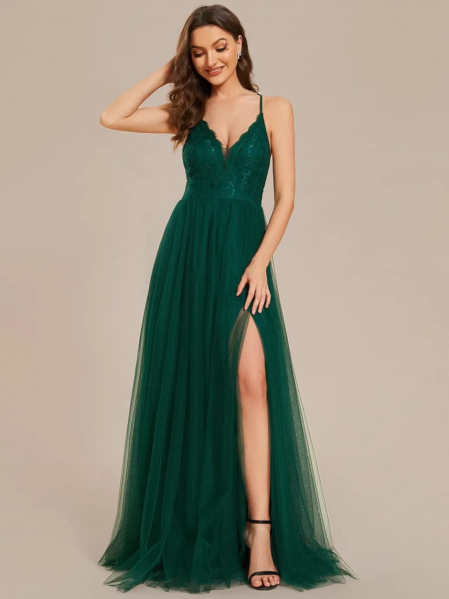 Spaghetti Straps Cross-Back Lace Top A-Line High Slit Tulle Bridesmaid Dress sold by Ever Pretty
