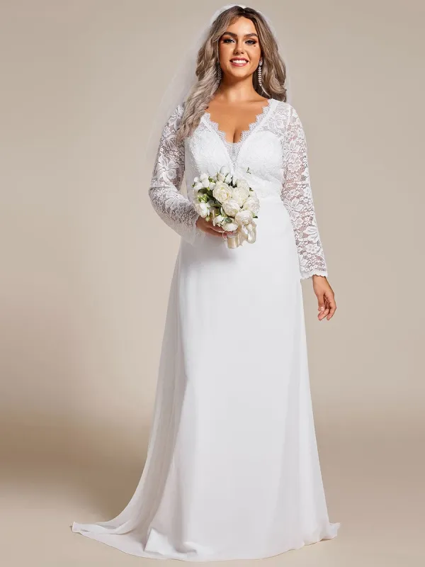 THE ICON'S BRIDE|Plus Size Lace Long Sleeves Eyelash Edge Bodycon Mermaid Chiffon Wedding Dress sold by Ever Pretty