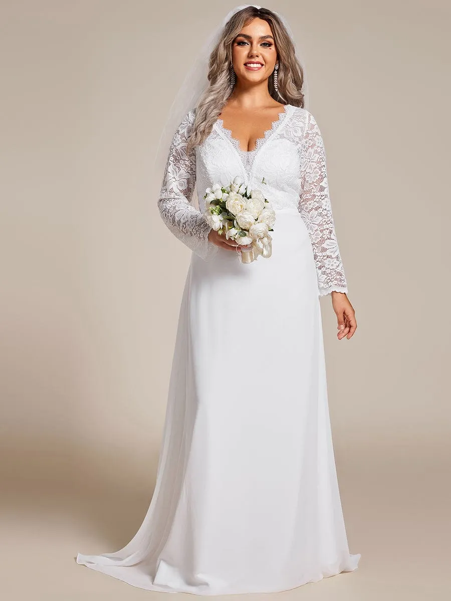 THE ICON'S BRIDE|Plus Size Lace Long Sleeves Eyelash Edge Bodycon Mermaid Chiffon Wedding Dress sold by Ever Pretty