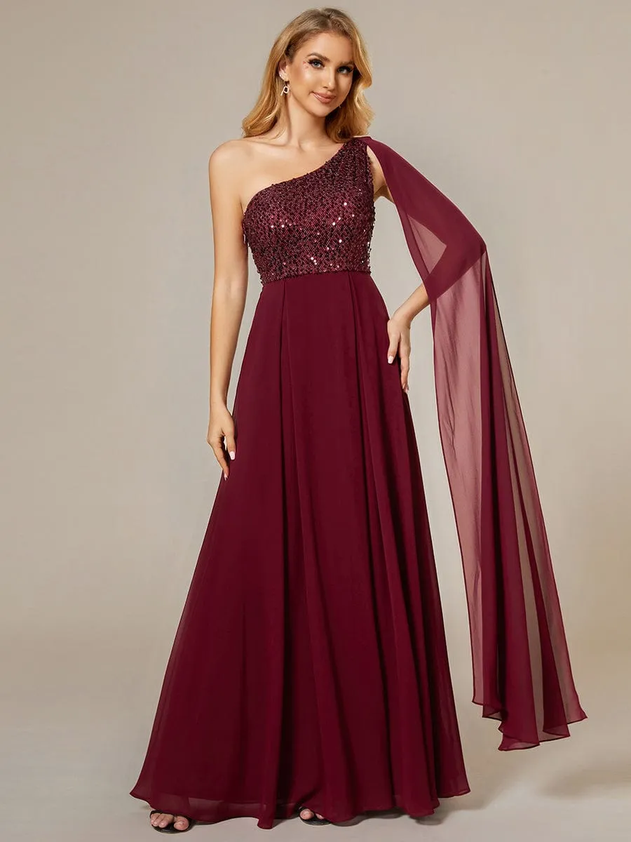 Sleeveless Chiffon A-Line Shinny Sequin Bodice One Shoulder Evening Dress sold by Ever Pretty