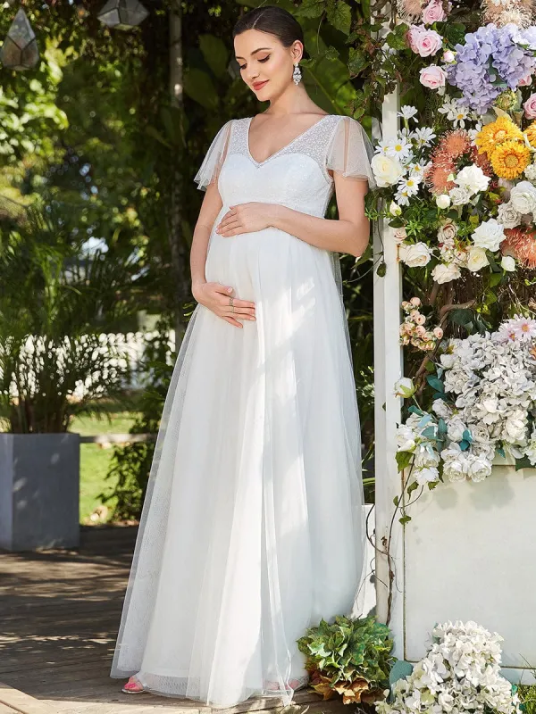 Sequin Sweetheart Sheer Flutter Sleeve Tulle Empire Waist Maternity Dress sold by Ever Pretty