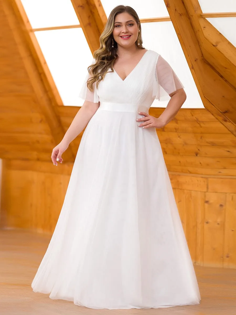 ever MISTE|Custom Size Double V-Neck Floor-Length Short Sleeve Tulle Bridesmaid Dresses sold by Ever Pretty