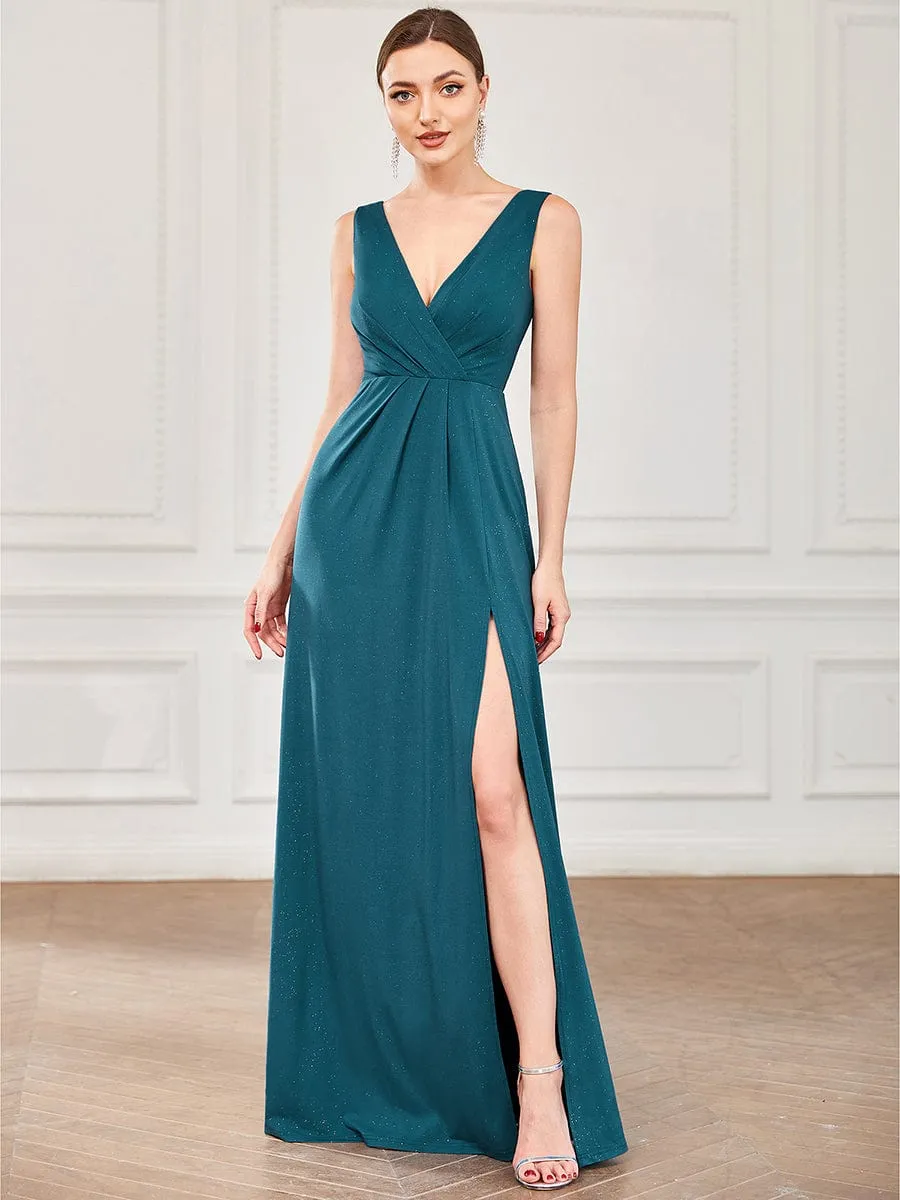 Floor Length V Neck Shiny Evening Dress with Side Slit sold by Ever Pretty