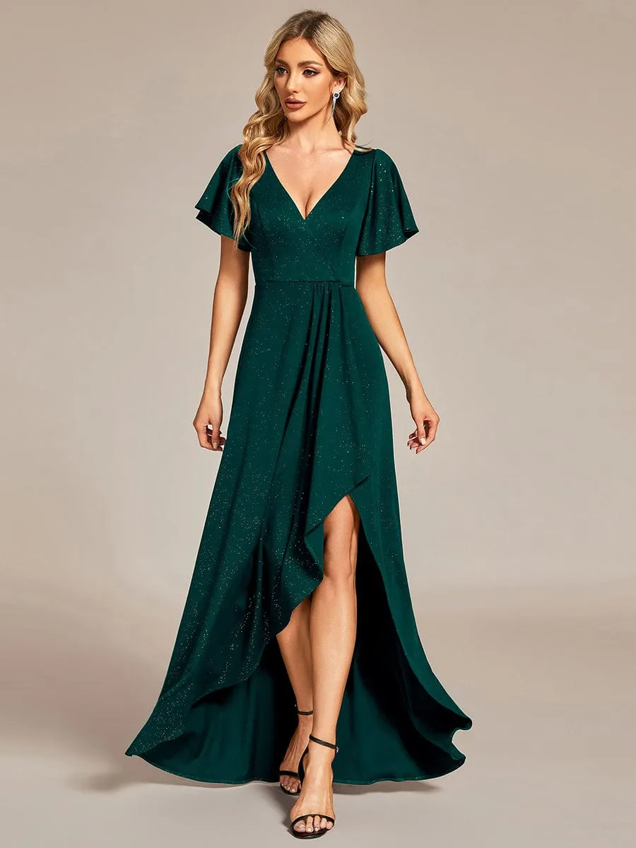 ever MELOD¨¦|Glitter High-Low Front Side Slit Ruffled V-Neck Evening Dress sold by Ever Pretty