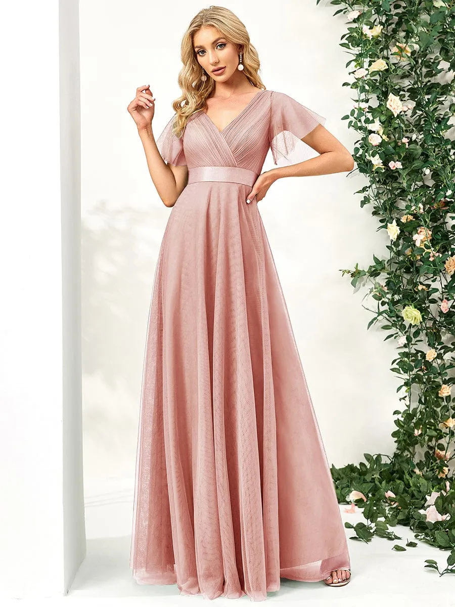 ever MISTE|Double V-Neck Floor-Length Short Sleeve Tulle Bridesmaid Dresses sold by Ever Pretty product image thumbnail 2