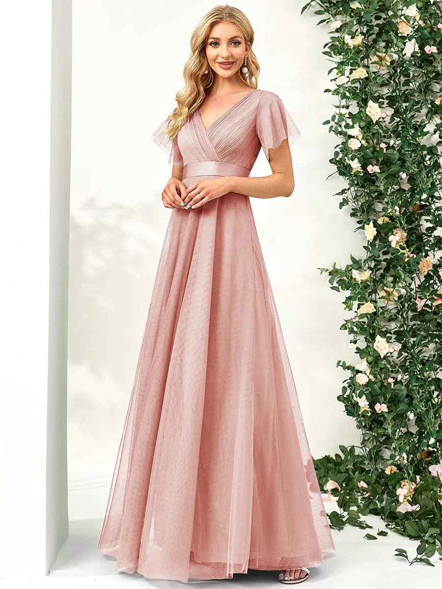 ever MISTE|Double V-Neck Floor-Length Short Sleeve Tulle Bridesmaid Dresses sold by Ever Pretty product image thumbnail 4