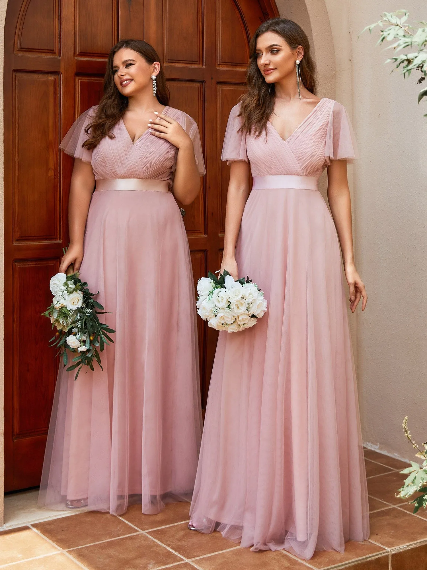 ever MISTE|Double V-Neck Floor-Length Short Sleeve Tulle Bridesmaid Dresses sold by Ever Pretty