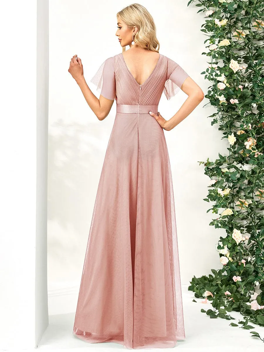 ever MISTE|Double V-Neck Floor-Length Short Sleeve Tulle Bridesmaid Dresses sold by Ever Pretty product image thumbnail 3