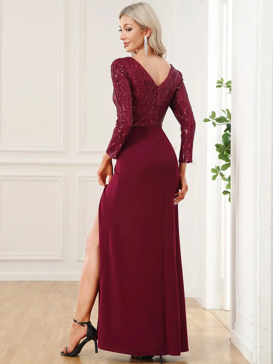 Sequin Long Sleeve V-Neck High Slit Evening Dress sold by Ever Pretty product image thumbnail 2