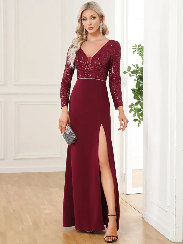 Sequin Long Sleeve V-Neck High Slit Evening Dress sold by Ever Pretty