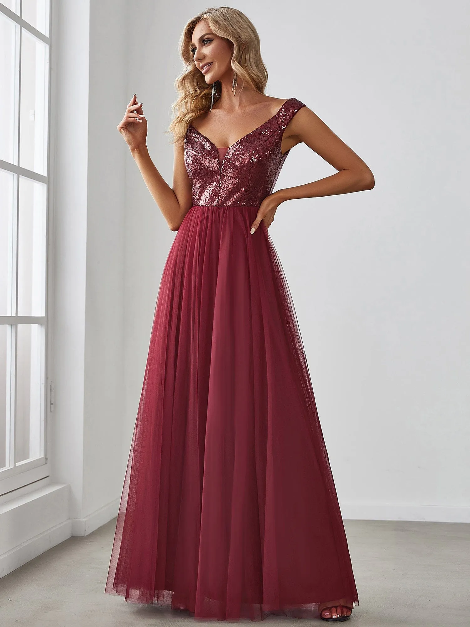 A-line Sequin Off the Shoulder Maxi Tulle Formal Evening Dress sold by Ever Pretty product image thumbnail 3