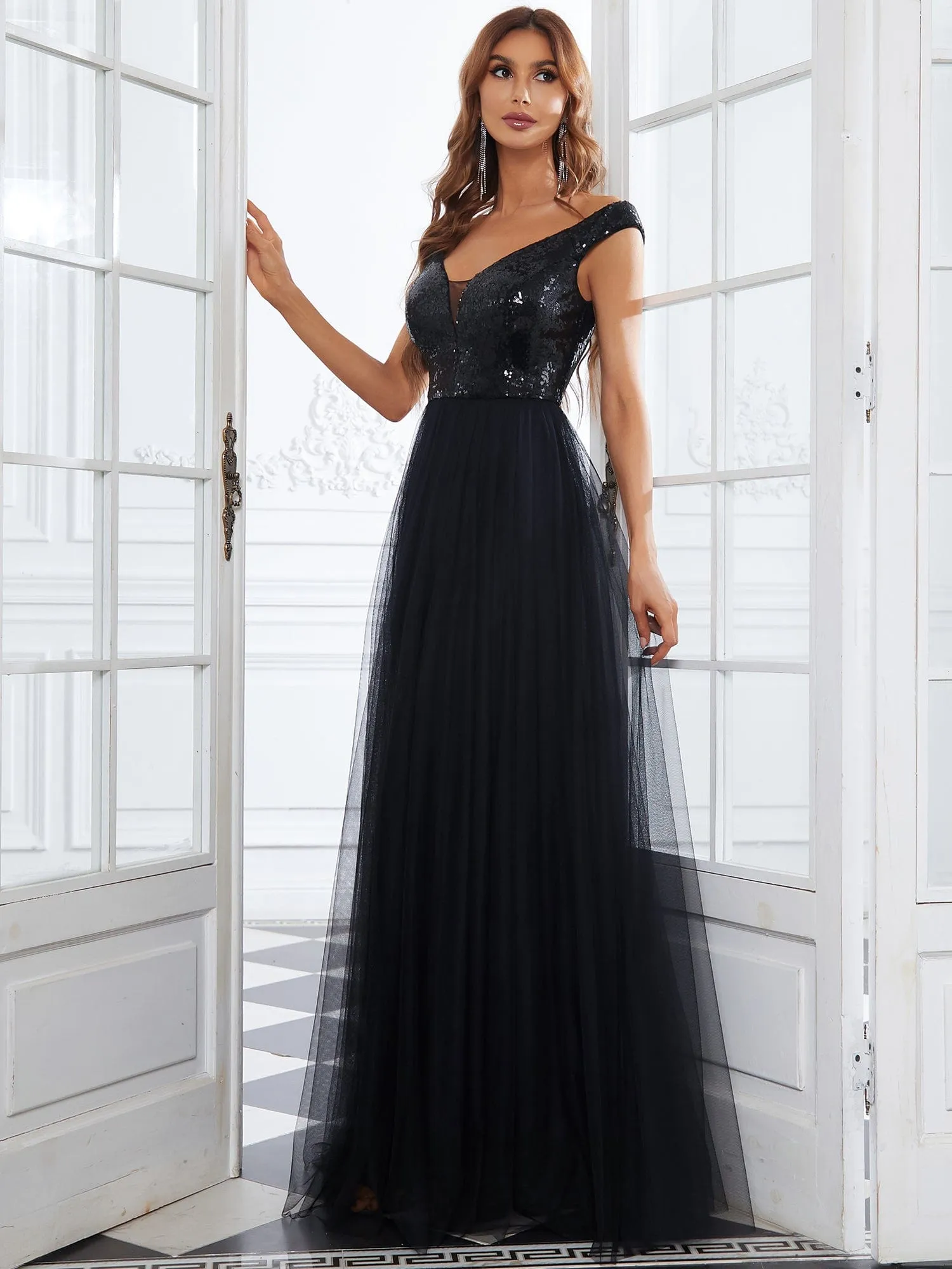 A-line Sequin Off the Shoulder Maxi Tulle Formal Evening Dress sold by Ever Pretty