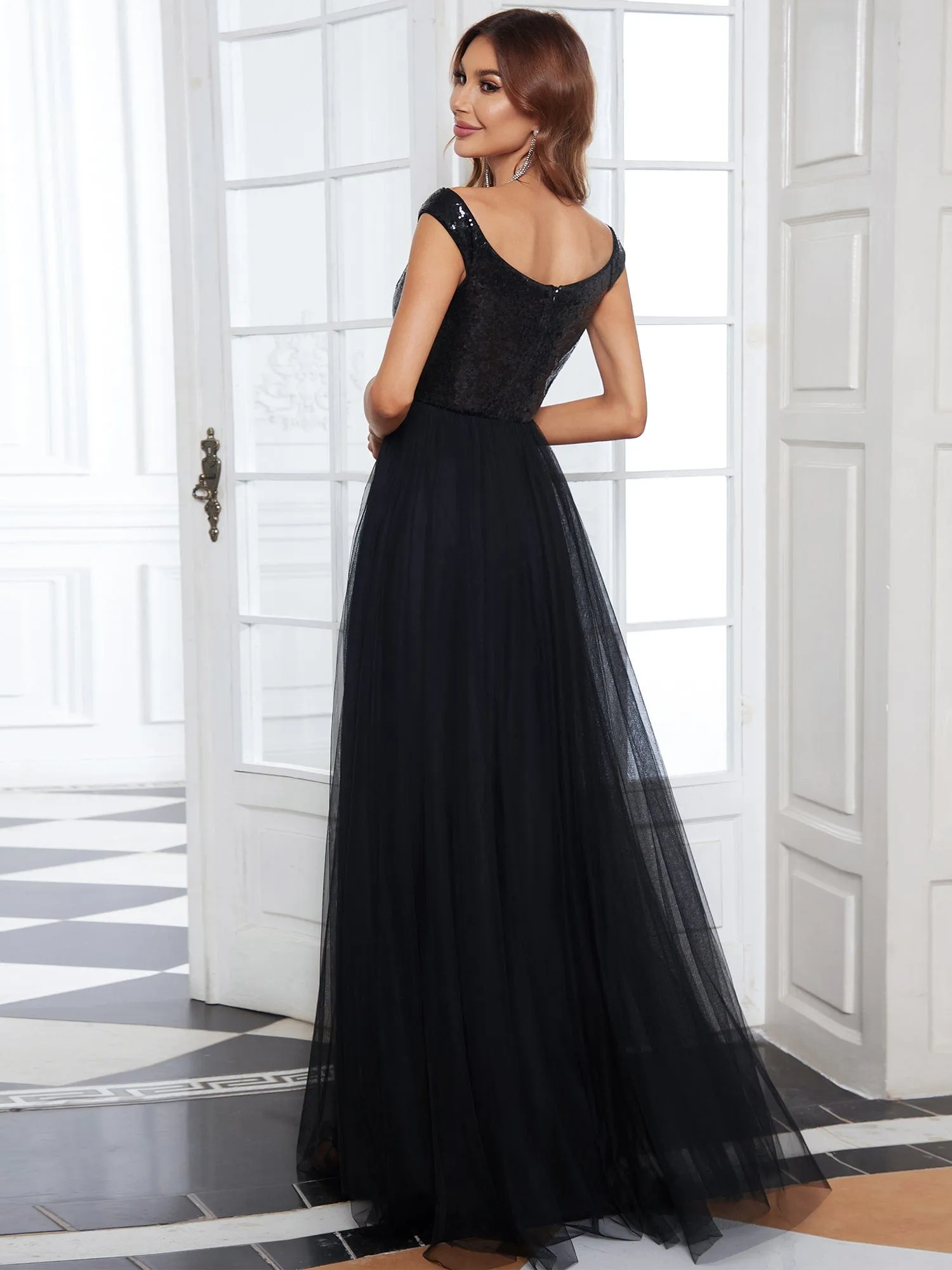 A-line Sequin Off the Shoulder Maxi Tulle Formal Evening Dress sold by Ever Pretty product image thumbnail 2
