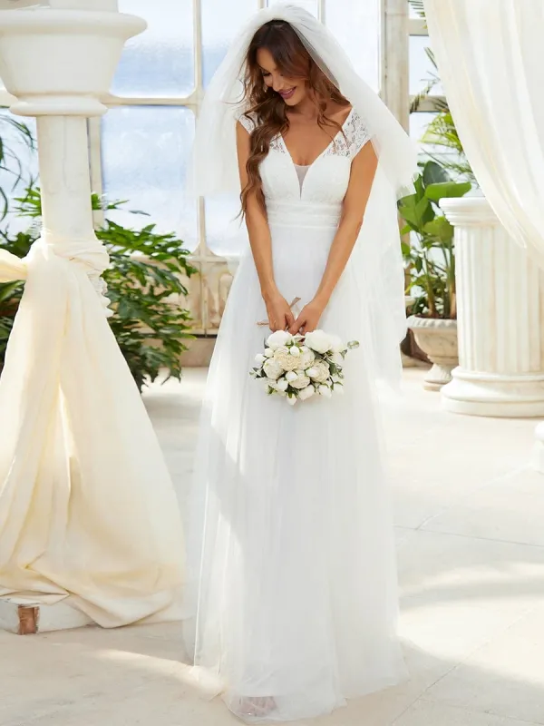 Lace V-Neck Floor Length Cap Sleeve Casual Wedding Dress sold by Ever Pretty