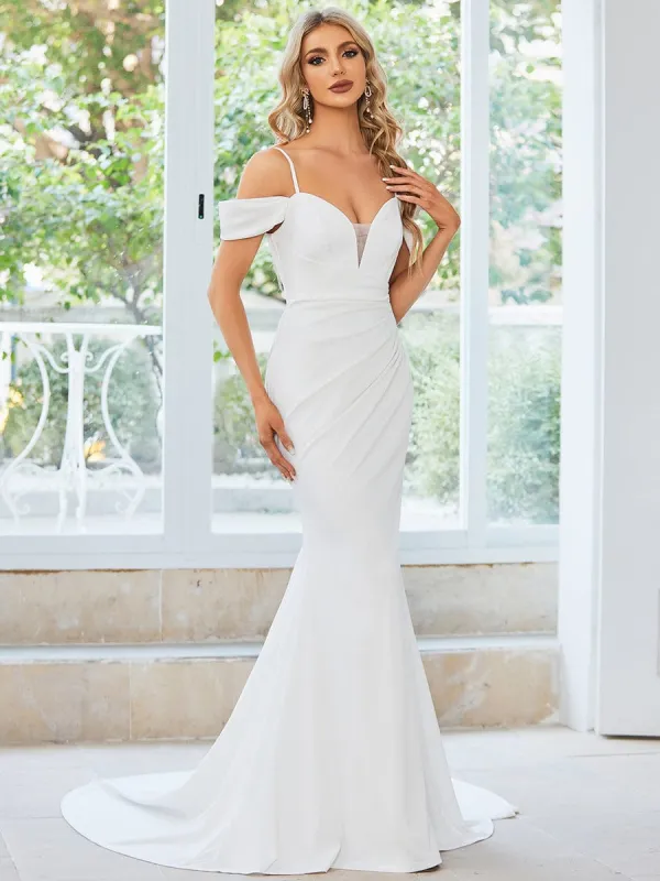 Spaghetti Strap Mermaid Pleated Deep V-Neck Wedding Dress sold by Ever Pretty