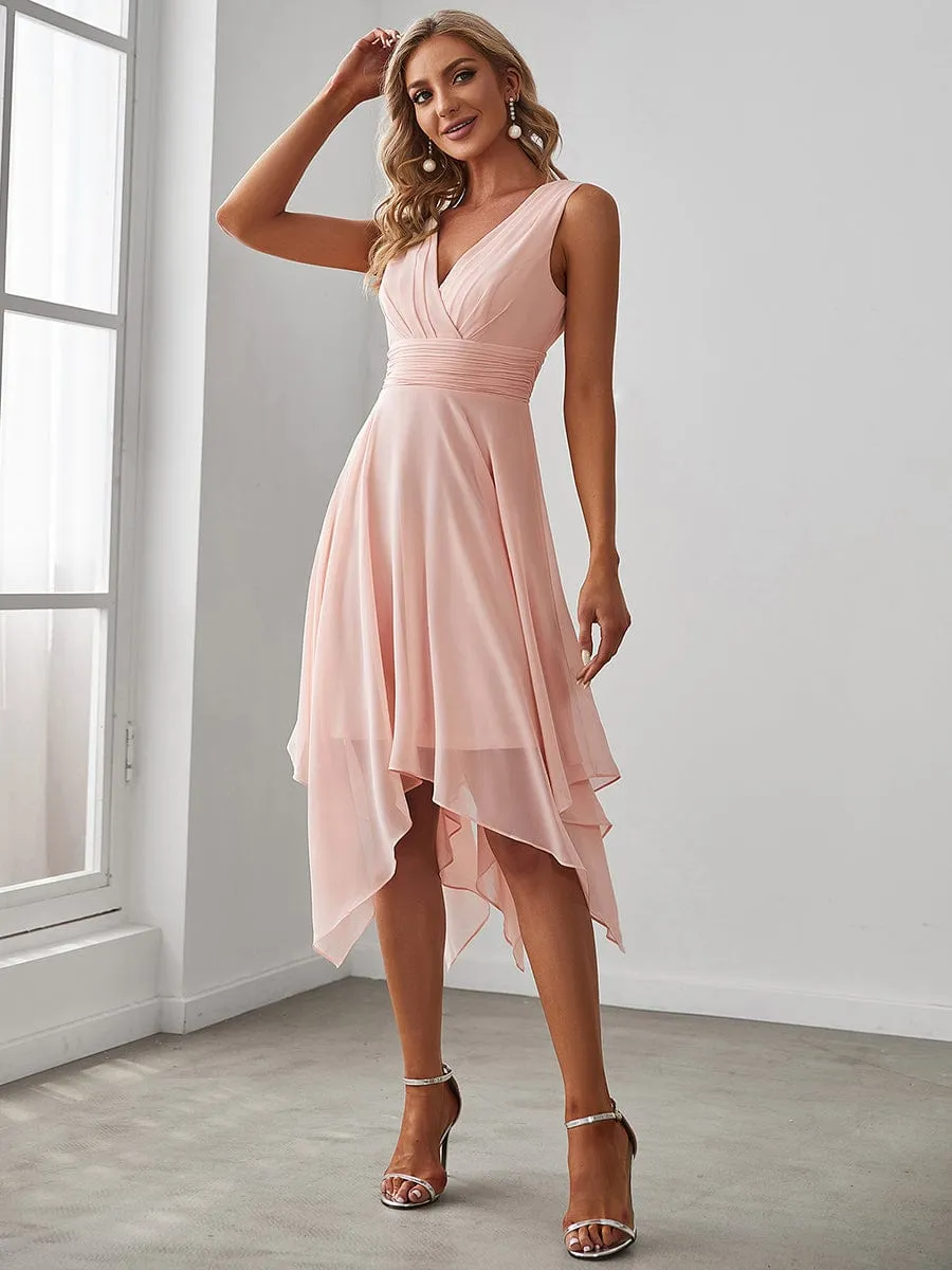 ever ELORA|V Neck Ruched Asymmetrical Hems Midi Chiffon Bridesmaid Dress sold by Ever Pretty