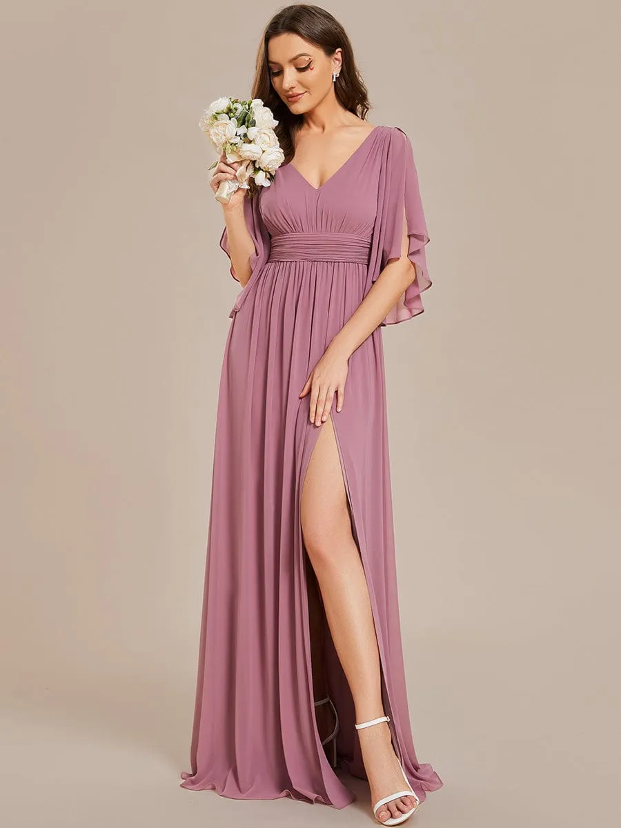 ever ELYAN|Half Sleeve V-Neck Pleated High Slit A-Line Chiffon Bridesmaid Dress sold by Ever Pretty