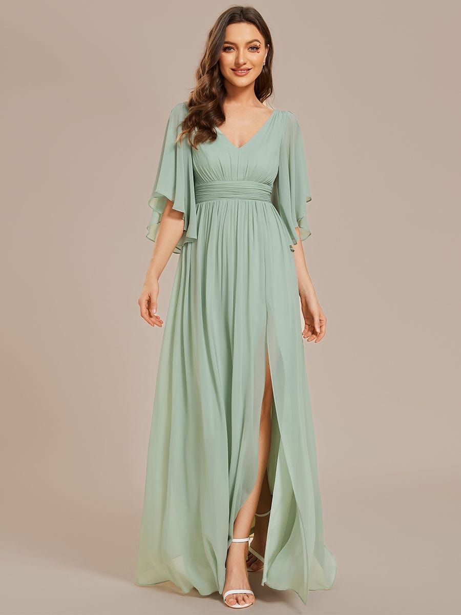 Chiffon Pleats A Line Scoop Bridesmaid Dress With Slit