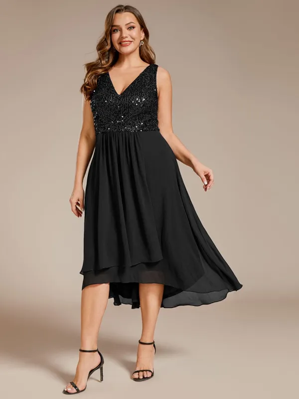 Plus Size Sequin Bodice V-Neck Sleeveless Chiffon Wedding Guest Dress sold by Ever Pretty