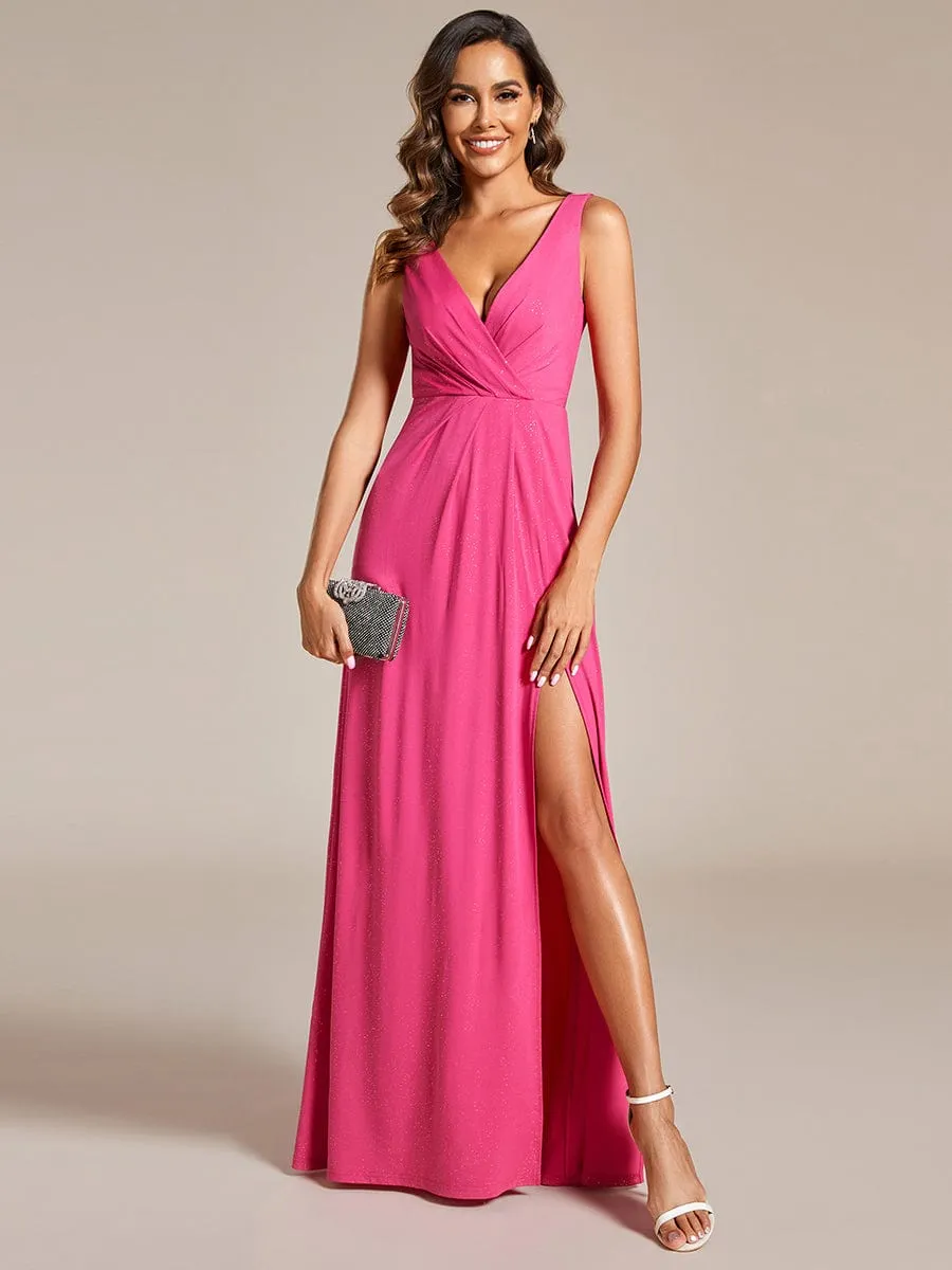 Glittery Sleeveless Double V-Neck Side Slit A-Line Formal Evening Dress sold by Ever Pretty